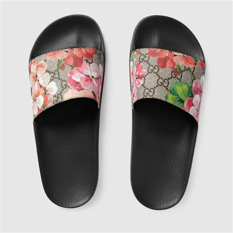 blue gucci bloom slides|gucci flip flops with flowers.